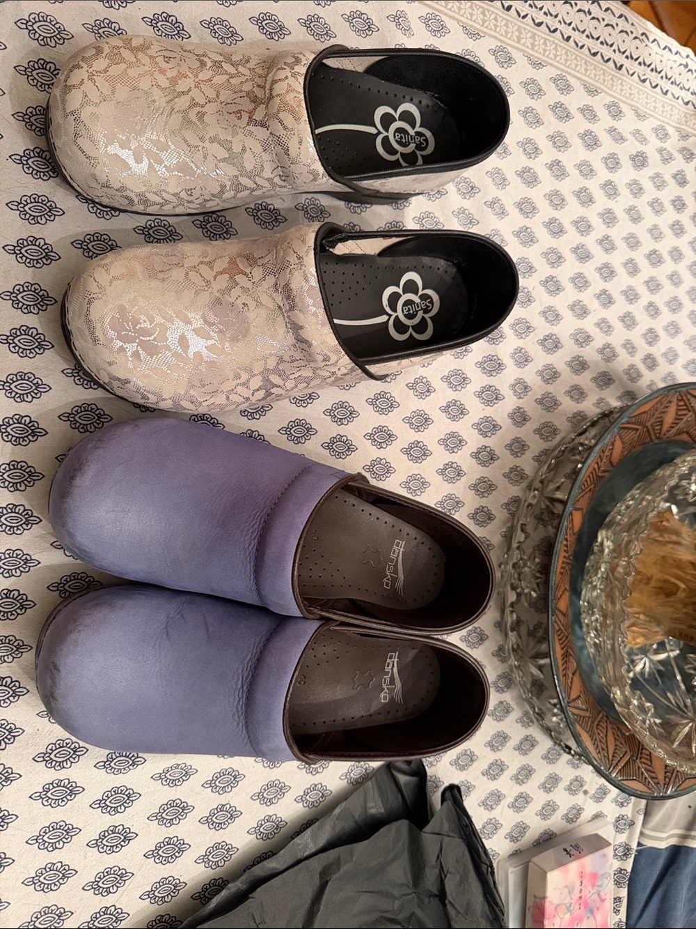 Dansko Women's Lavender Leather Clogs and SanitaCream Silver Floral Patent Clogs
